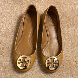 Tory Burch Camel Leather Loafers with Gold Emblem